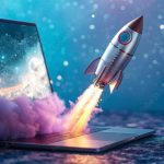 Illustration of a rocket launching from a laptop to represent fast website speed and better Google ranking.